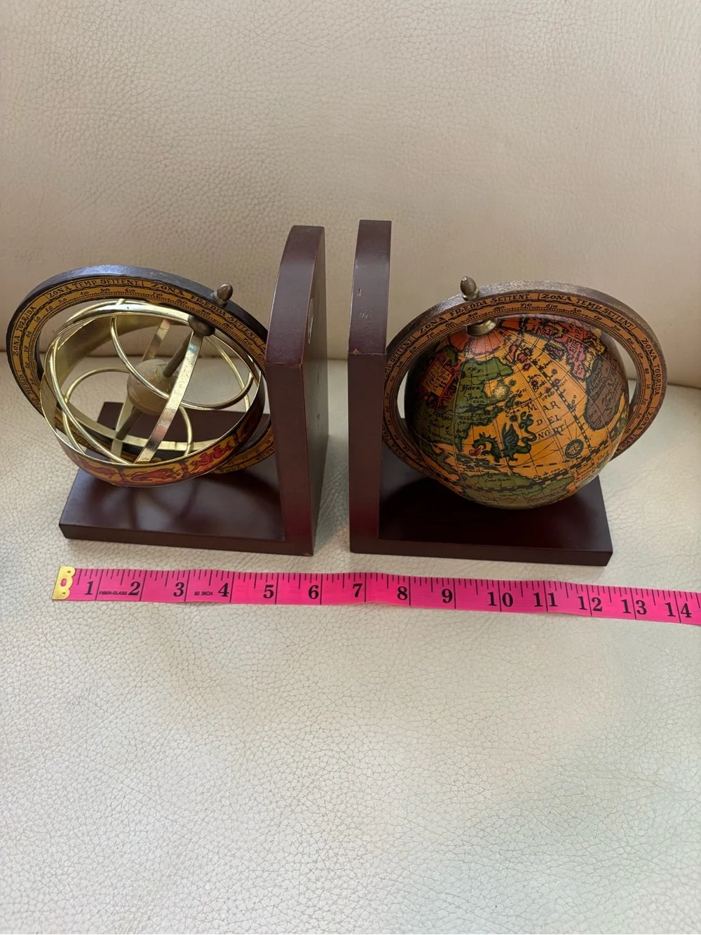Vintage Brass and Brown Globe Bookends - Decorative Home Wall Decor